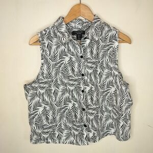 Tahari Linen Button Up Shirt Black White Leaf Floral